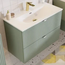 Garnero Arredamenti Mobile Bagno Sospeso-Mobile bagno sospeso 60cm cannettato con lavabo 2 cassetti verde salvia Greeny