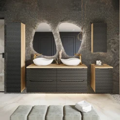 Garnero Arredamenti Mobile Bagno Sospeso-Mobile bagno sospeso 120cm con 2 lavabi, colonna, pensile e base sospesa nero rovere Swim