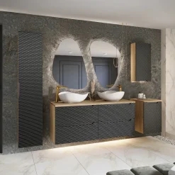 Garnero Arredamenti Mobile Bagno Sospeso-Mobile bagno sospeso 120cm con 2 lavabi, colonna, pensile e base sospesa nero rovere Swim