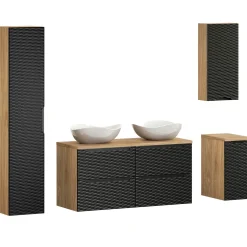 Garnero Arredamenti Mobile Bagno Sospeso-Mobile bagno sospeso 120cm con 2 lavabi, colonna, pensile e base sospesa nero rovere Swim