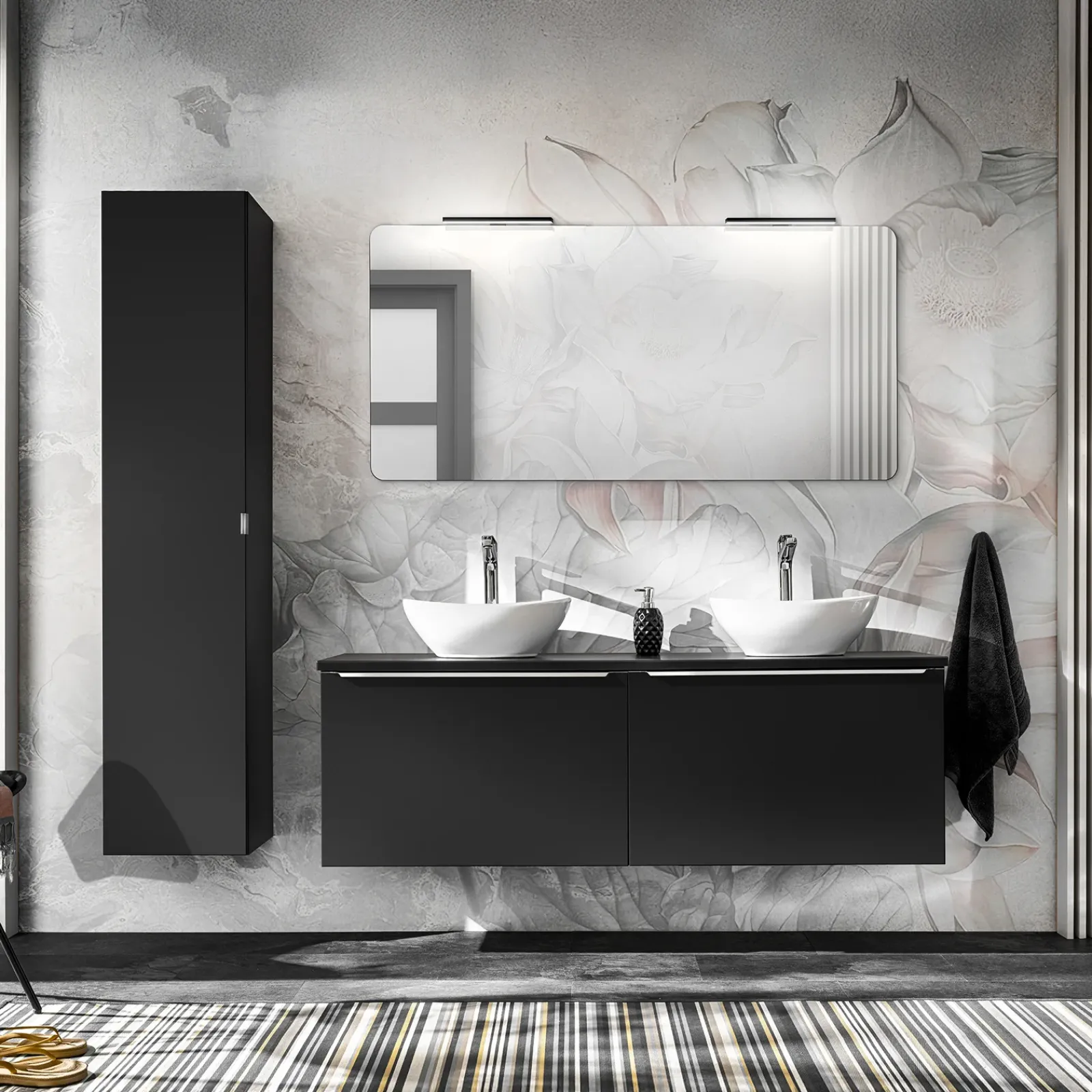 Garnero Arredamenti Mobile Bagno Sospeso-Mobile bagno sospeso 120cm con 2 lavabi, specchio e colonna nero Serif
