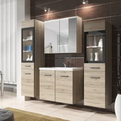 Garnero Arredamenti Mobile Bagno Sospeso-Mobile bagno sospeso 60cm con lavabo, specchio e 2 colonne chiaro Luz Rovere
