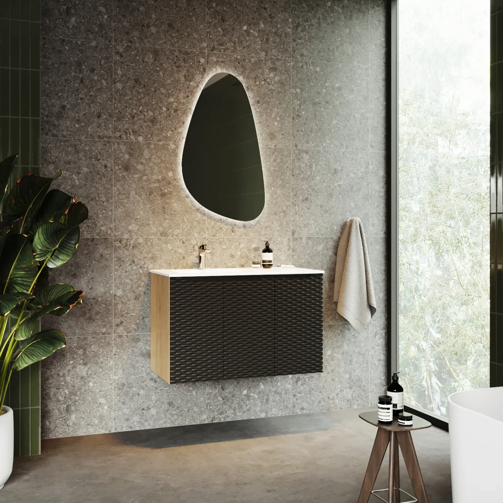 Garnero Arredamenti Mobile Bagno Sospeso-Mobile bagno sospeso 90cm con lavabo da incasso nero rovere Swim Nero - Rovere