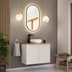 Garnero Arredamenti Mobile Bagno Sospeso-Mobile bagno sospeso 80cm cannettato 2 ante bianco rovere Cleany Bianco Opaco