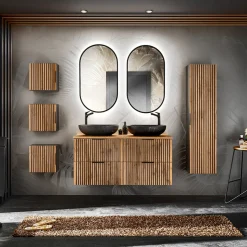 Garnero Arredamenti Mobile Bagno Sospeso-Mobile bagno sospeso 120cm cm con 2 lavabi da appoggio, 2 specchi, colonna e cubotti quercia antracite Limpid