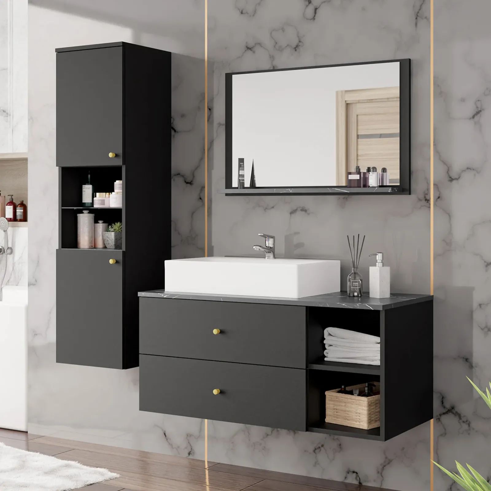 Garnero Arredamenti Mobile Bagno Sospeso-Mobile bagno sospeso 100cm con lavabo, specchio e colonna nero Krom Nero Opaco