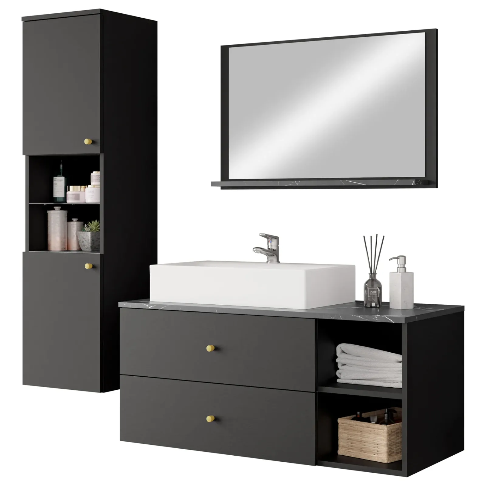 Garnero Arredamenti Mobile Bagno Sospeso-Mobile bagno sospeso 100cm con lavabo, specchio e colonna nero Krom Nero Opaco