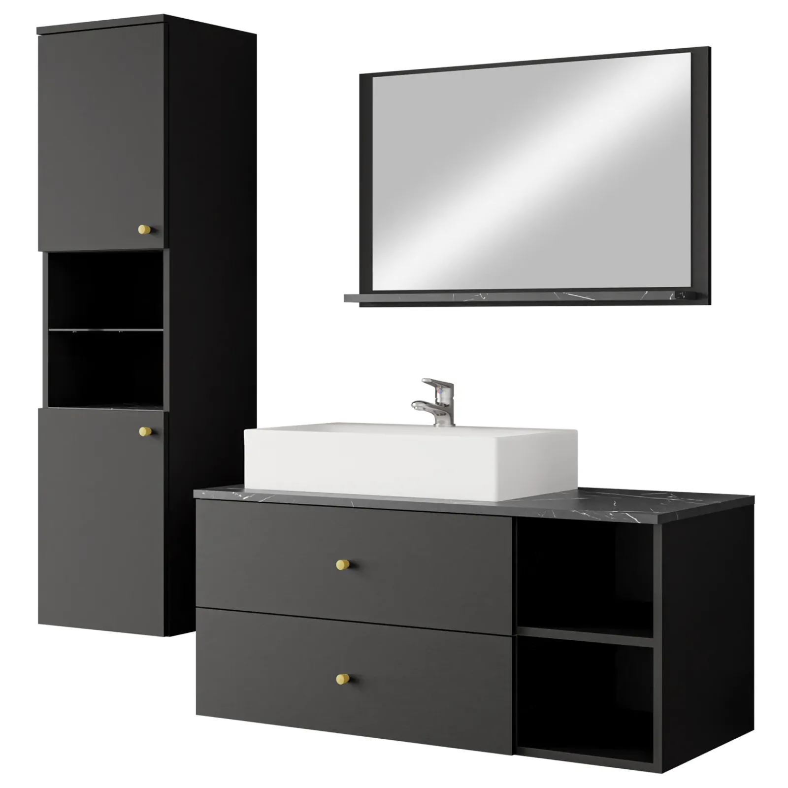 Garnero Arredamenti Mobile Bagno Sospeso-Mobile bagno sospeso 100cm con lavabo, specchio e colonna nero Krom Nero Opaco