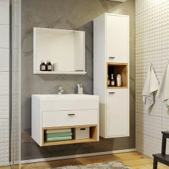 Garnero Arredamenti Mobile Bagno Sospeso-Mobile bagno sospeso 60cm con lavabo, specchio e colonna bianco rovere Florentina Bianco Opaco