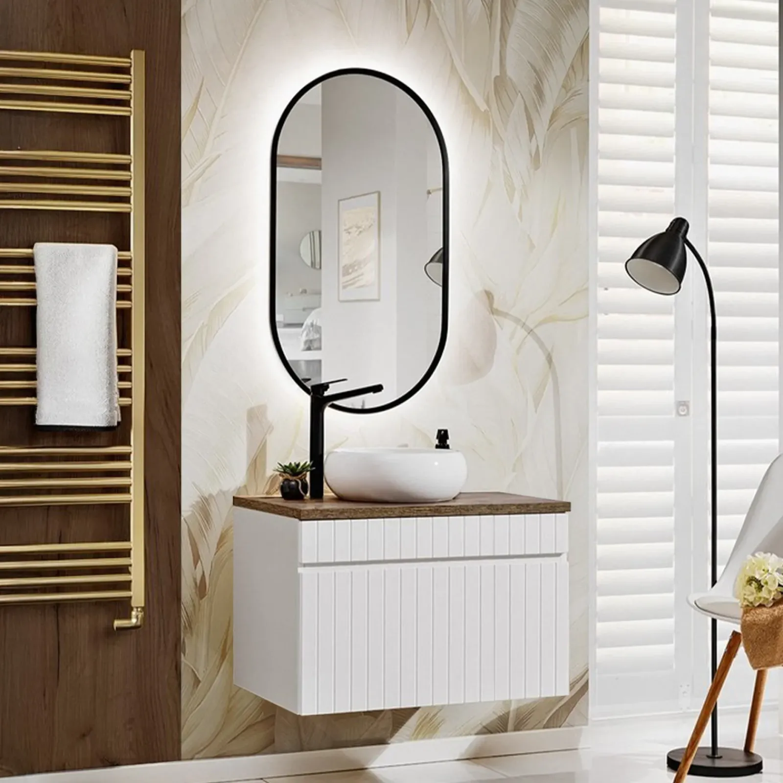 Garnero Arredamenti Mobile Bagno Sospeso-Mobile bagno sospeso 80cm cannettato 1 cassettone quercia Autentic Bianco