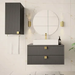 Garnero Arredamenti Mobile Bagno Sospeso-Mobile bagno sospeso 80cm con pensile 2 cassetti grigio Bursa 3 Grigio - Oro