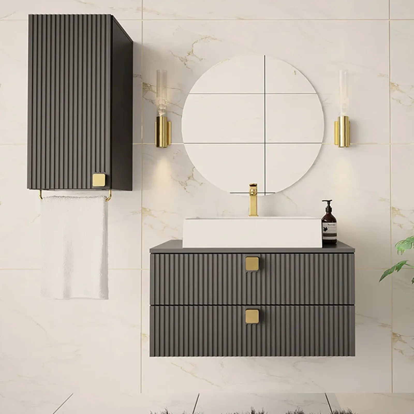 Garnero Arredamenti Mobile Bagno Sospeso-Mobile bagno sospeso 80cm con pensile 2 cassetti grigio Bursa 3 Grigio - Oro