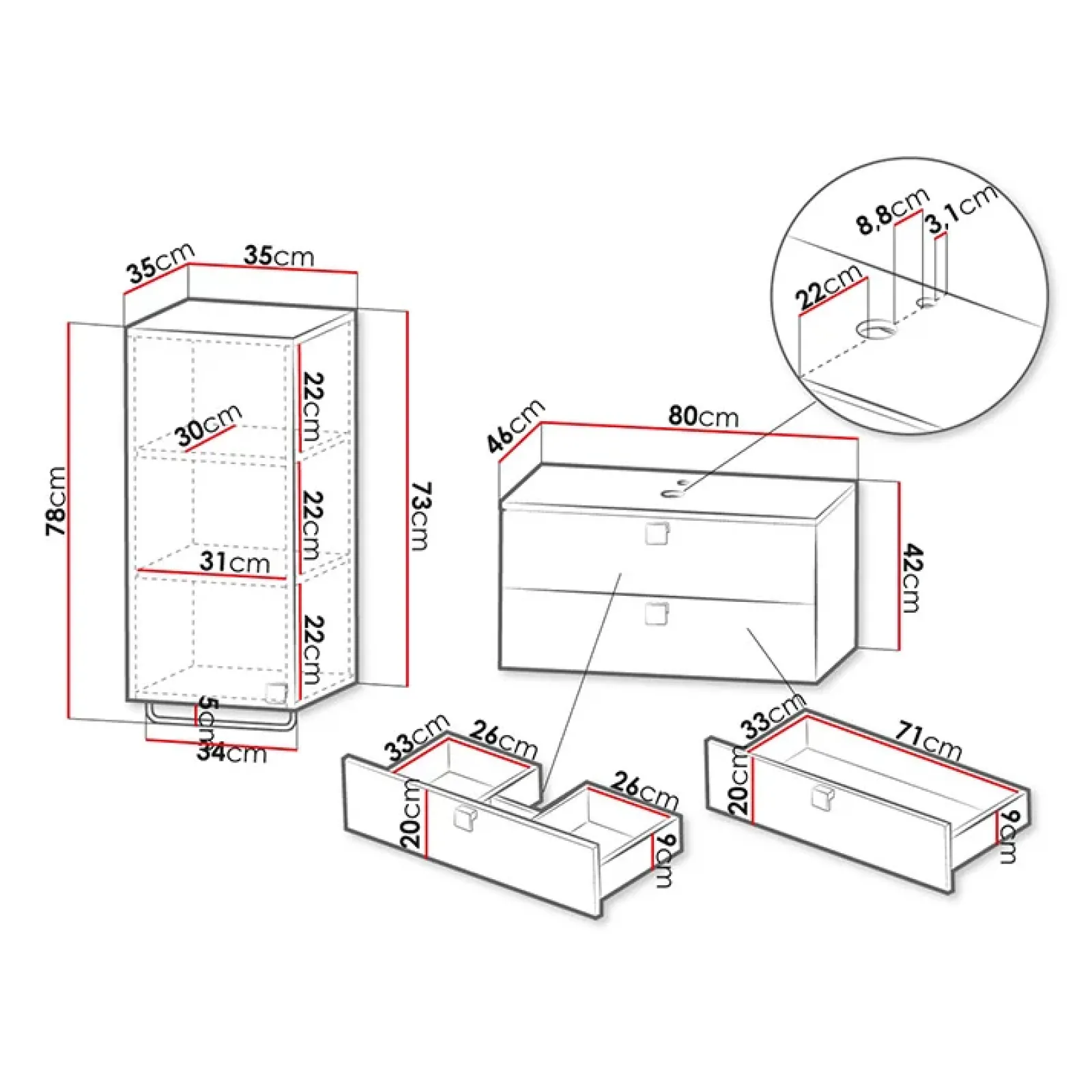 Garnero Arredamenti Mobile Bagno Sospeso-Mobile bagno sospeso 80cm con pensile 2 cassetti grigio Bursa 3 Grigio - Oro