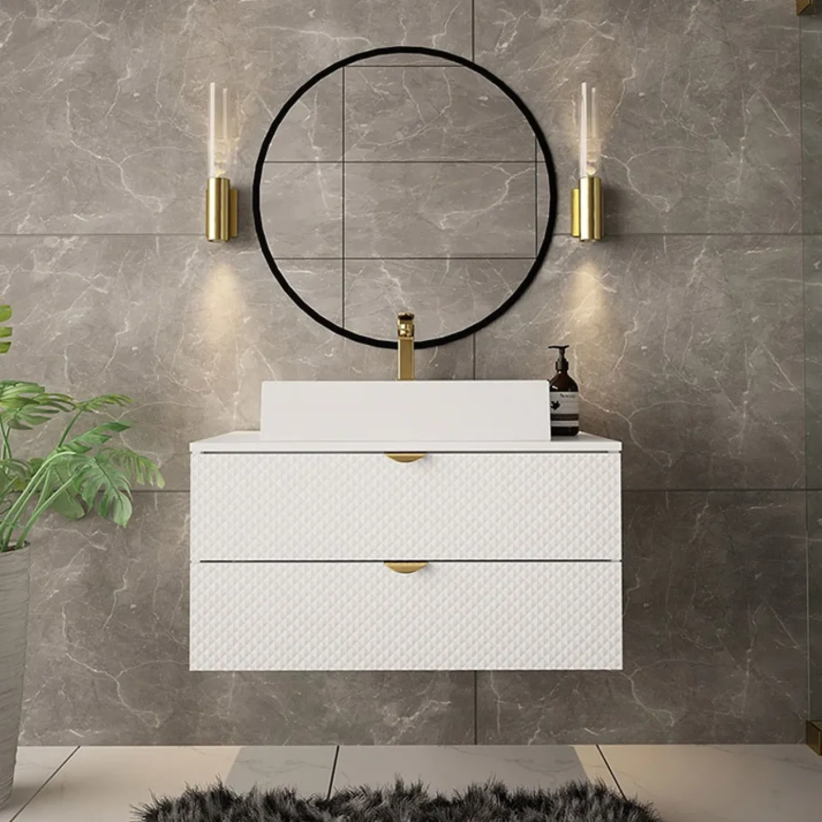 Garnero Arredamenti Mobile Bagno Sospeso-Mobile bagno sospeso 80cm con lavabo 2 cassetti bianco Hakone 4 Bianco Lucido