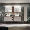 Garnero Arredamenti Mobile Bagno Sospeso-Mobile bagno sospeso 180cm con 2 lavabi, 2 mobili specchio e colonna grigio quercia Serif