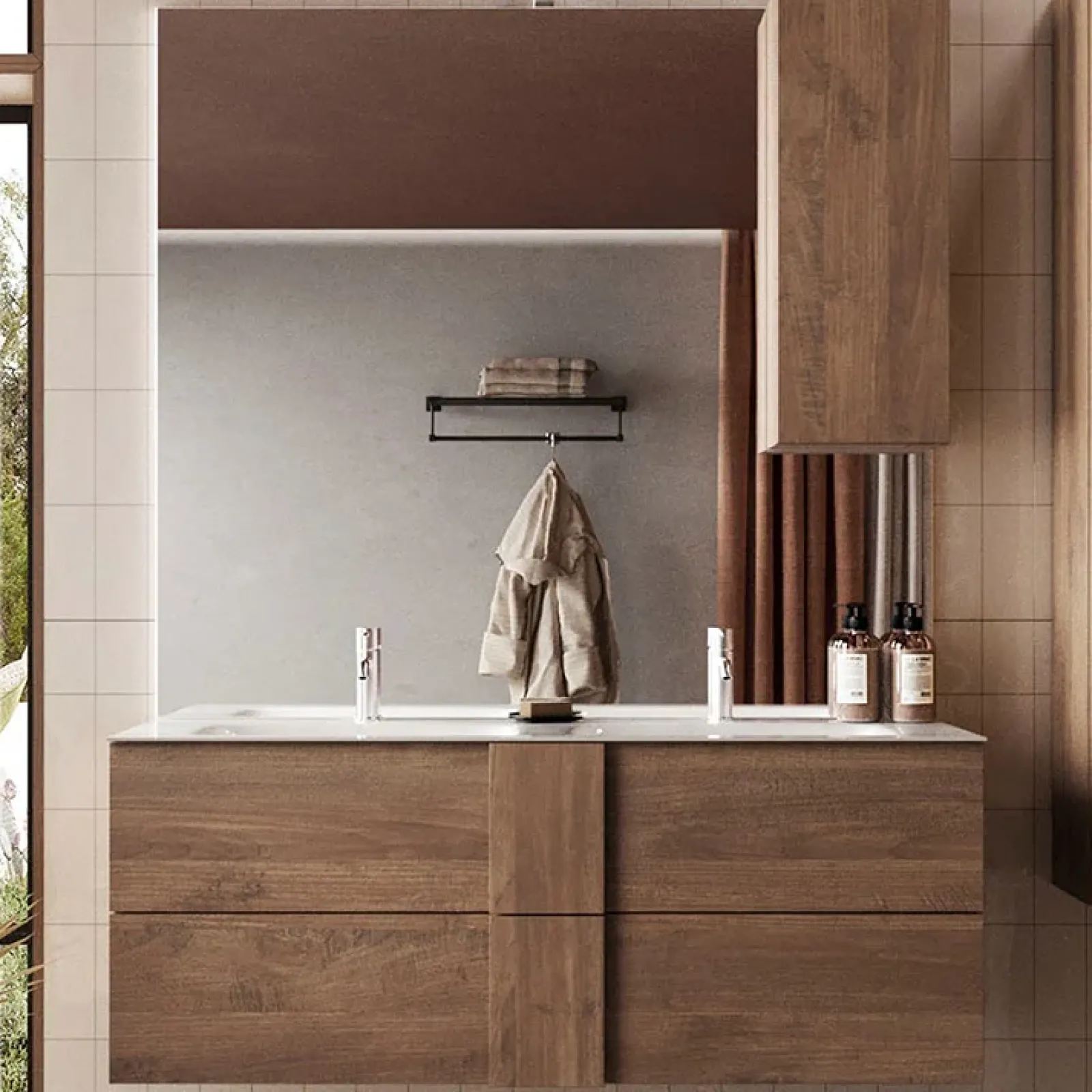 Garnero Arredamenti Mobile Bagno Sospeso-Mobile bagno sospeso 120cm con doppio lavabo e specchio rovere Alvarez