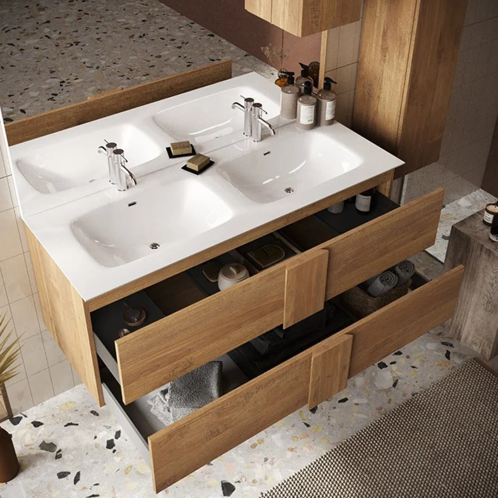 Garnero Arredamenti Mobile Bagno Sospeso-Mobile bagno sospeso 120cm con doppio lavabo e specchio rovere Alvarez