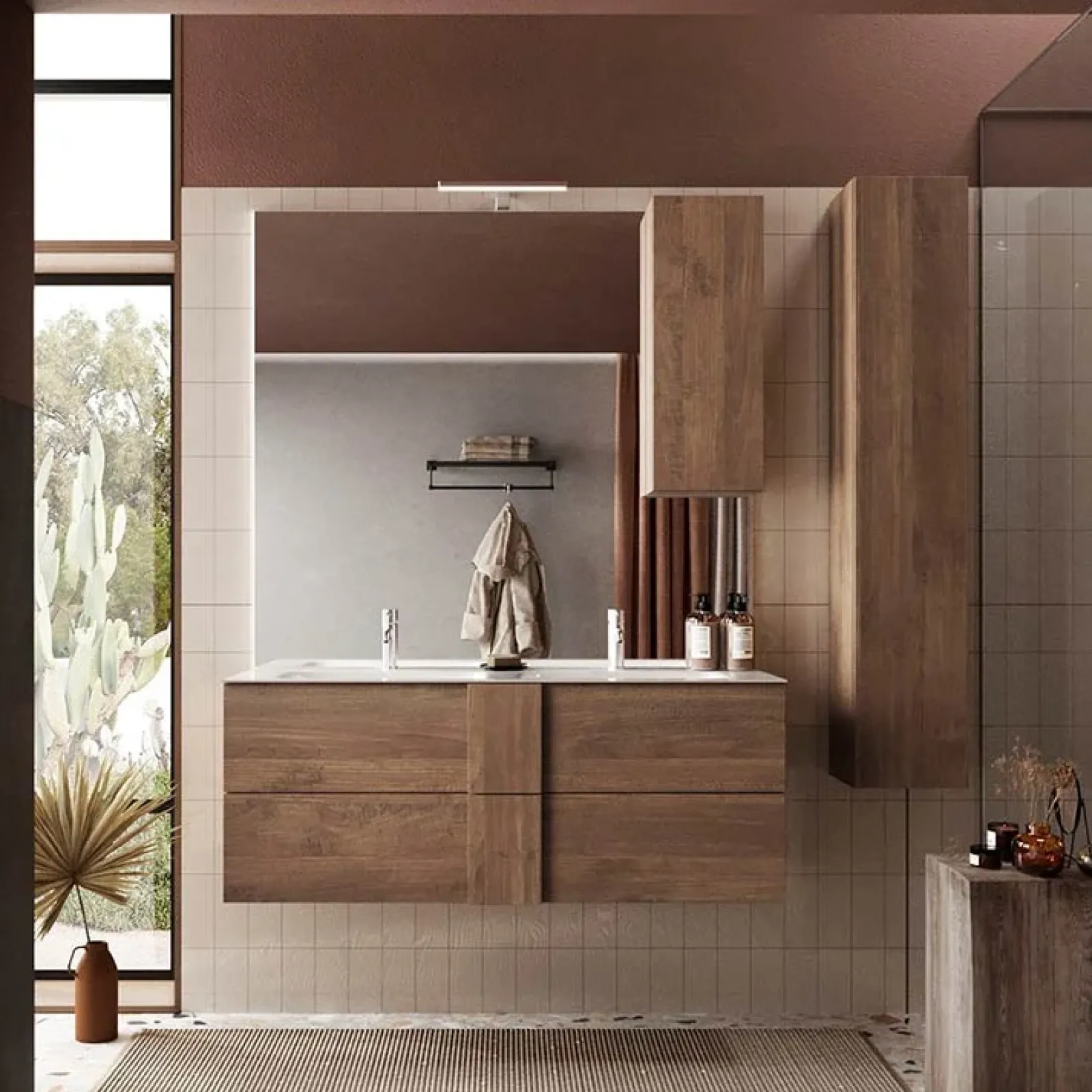 Garnero Arredamenti Mobile Bagno Sospeso-Mobile bagno sospeso 120cm con doppio lavabo e specchio rovere Alvarez