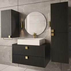 Garnero Arredamenti Mobile Bagno Sospeso-Mobile bagno sospeso 80cm con colonna e pensile maniglie oro nero Bursa Nero Lucido - Oro
