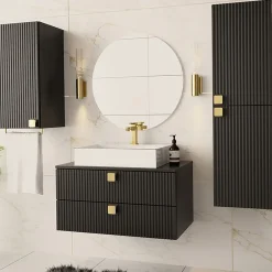 Garnero Arredamenti Mobile Bagno Sospeso-Mobile bagno sospeso 80cm con colonna e pensile maniglie oro nero Bursa Nero Lucido - Oro