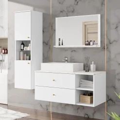 Garnero Arredamenti Mobile Bagno Sospeso-Mobile bagno sospeso 100cm con lavabo, specchio e colonna bianco Krom Bianco Opaco