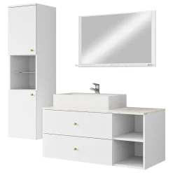 Garnero Arredamenti Mobile Bagno Sospeso-Mobile bagno sospeso 100cm con lavabo, specchio e colonna bianco Krom Bianco Opaco