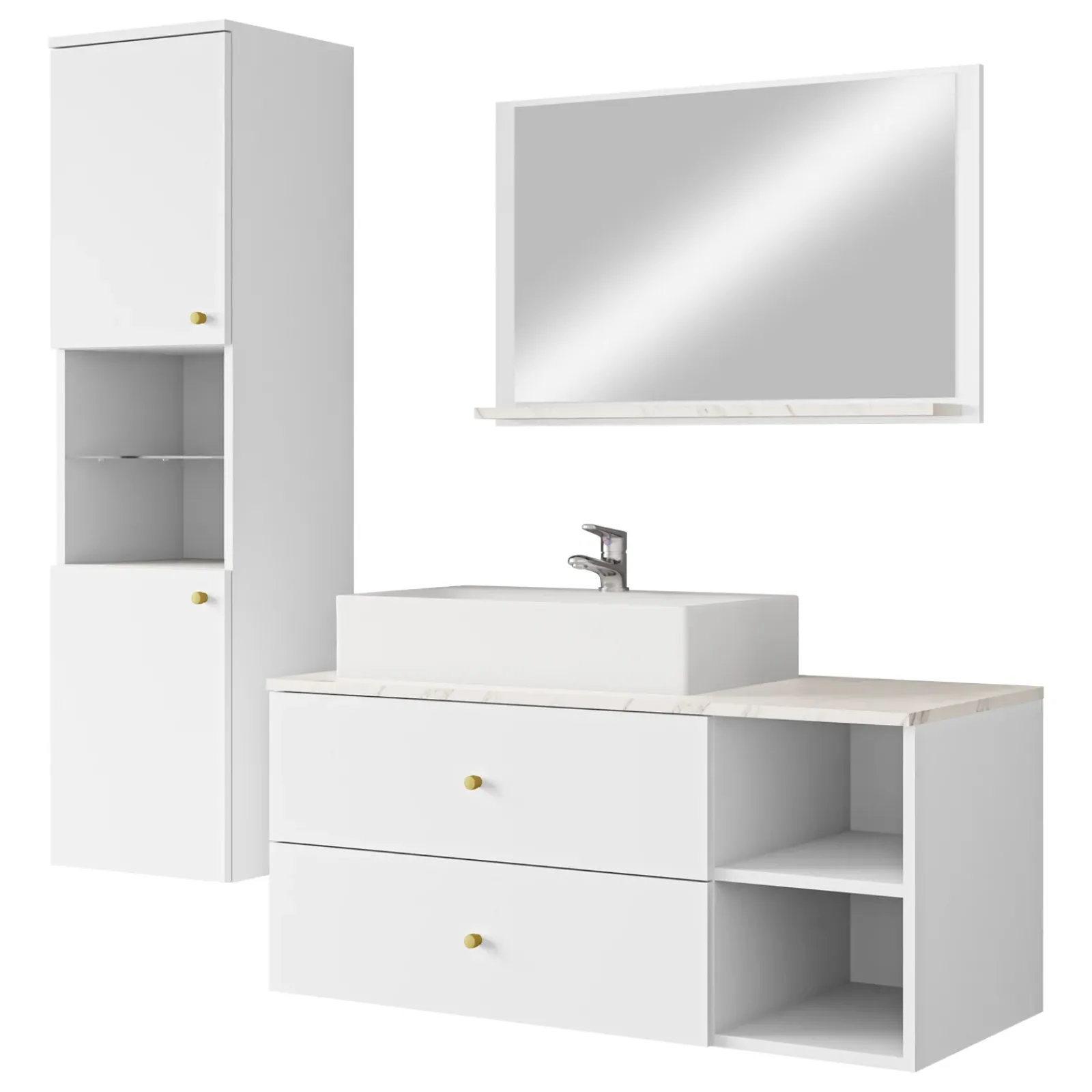 Garnero Arredamenti Mobile Bagno Sospeso-Mobile bagno sospeso 100cm con lavabo, specchio e colonna bianco Krom Bianco Opaco