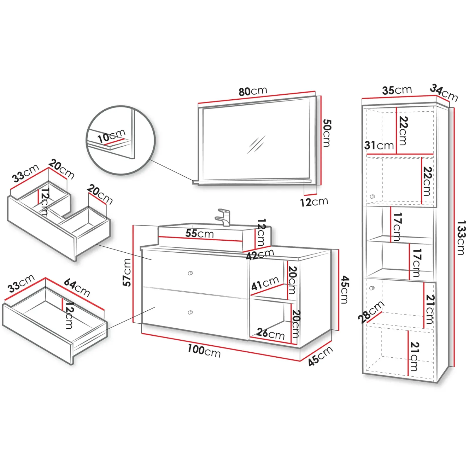 Garnero Arredamenti Mobile Bagno Sospeso-Mobile bagno sospeso 100cm con lavabo, specchio e colonna bianco Krom Bianco Opaco