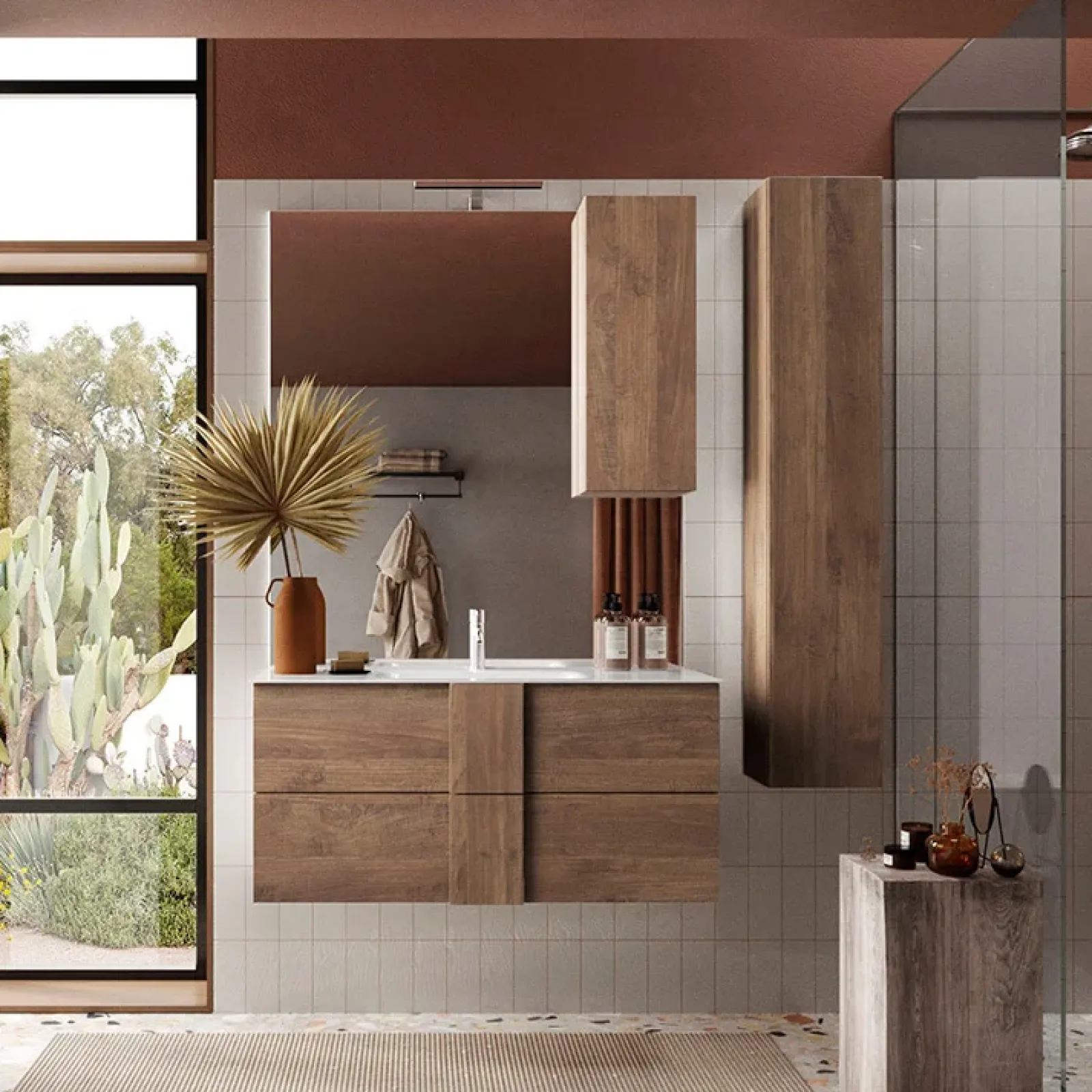 Garnero Arredamenti Mobile Bagno Sospeso-Mobile bagno sospeso 100cm con lavabo e specchio rovere Alvarez