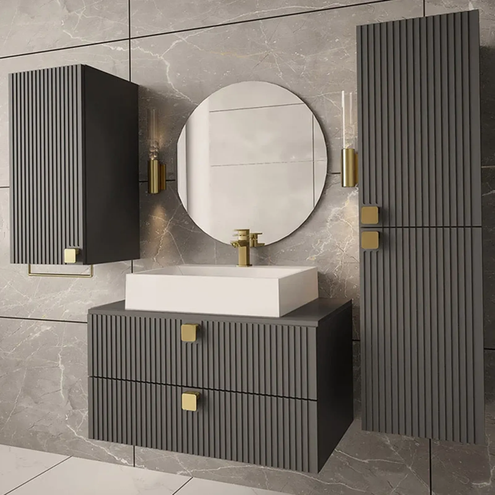 Garnero Arredamenti Mobile Bagno Sospeso-Mobile bagno sospeso 80cm con colonna e pensile maniglie oro grigio Bursa Grigio - Oro