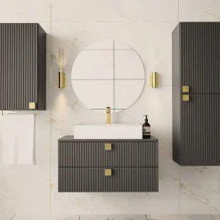 Garnero Arredamenti Mobile Bagno Sospeso-Mobile bagno sospeso 80cm con colonna e pensile maniglie oro grigio Bursa Grigio - Oro