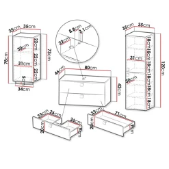 Garnero Arredamenti Mobile Bagno Sospeso-Mobile bagno sospeso 80cm con colonna e pensile maniglie oro grigio Bursa Grigio - Oro