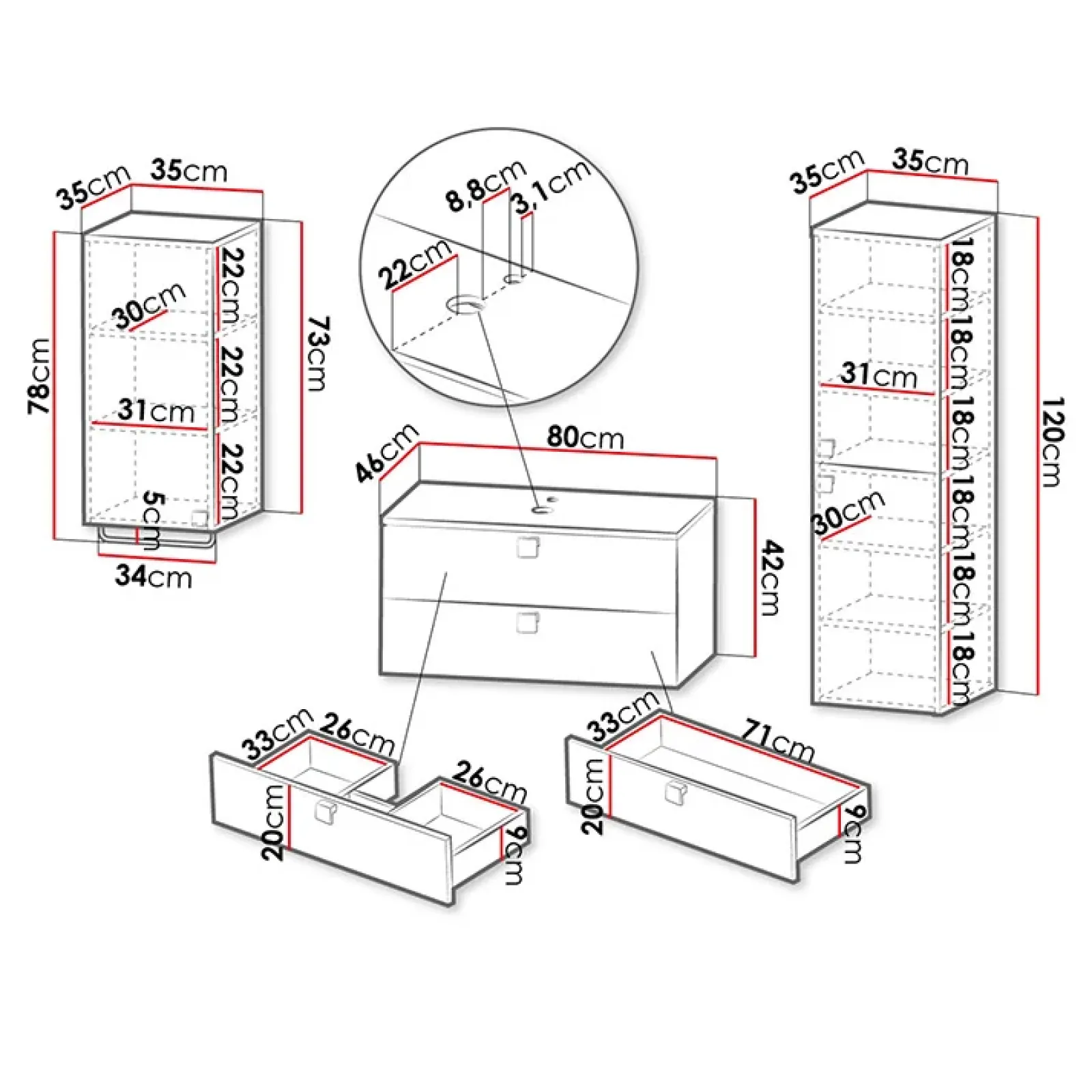 Garnero Arredamenti Mobile Bagno Sospeso-Mobile bagno sospeso 80cm con colonna e pensile maniglie oro grigio Bursa Grigio - Oro