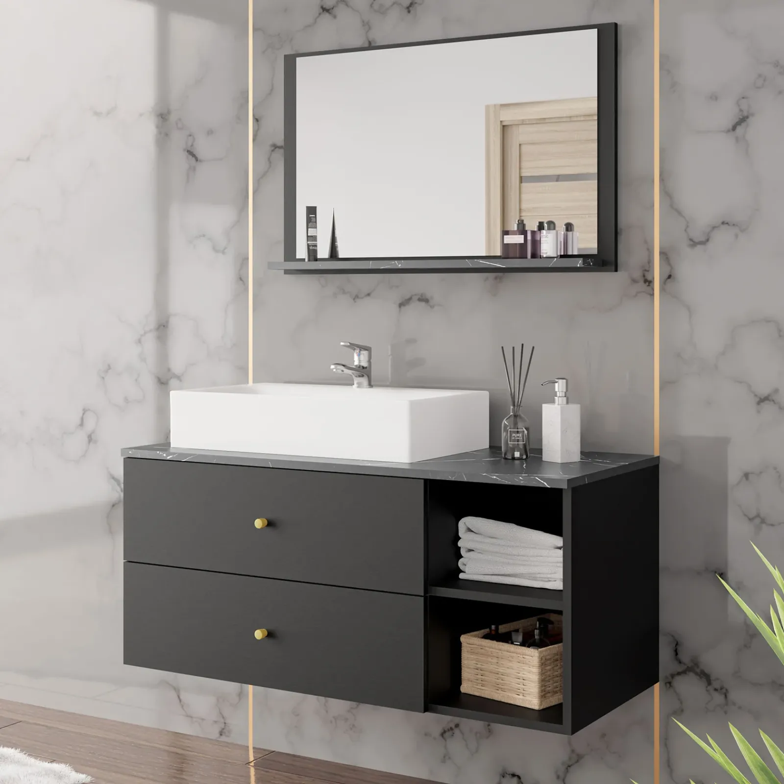 Garnero Arredamenti Mobile Bagno Sospeso-Mobile bagno sospeso 100cm con lavabo e specchio 2 cassetti nero Krom Nero Opaco