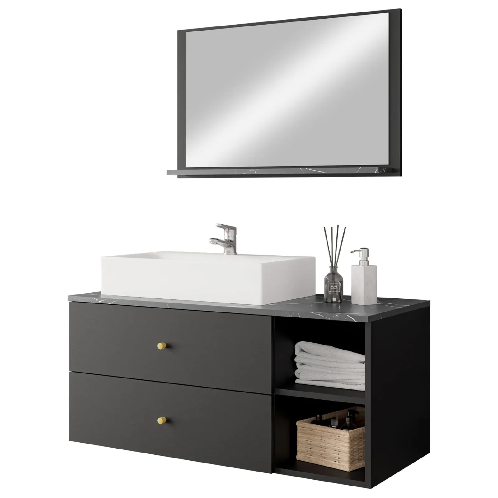 Garnero Arredamenti Mobile Bagno Sospeso-Mobile bagno sospeso 100cm con lavabo e specchio 2 cassetti nero Krom Nero Opaco