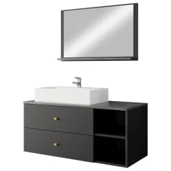 Garnero Arredamenti Mobile Bagno Sospeso-Mobile bagno sospeso 100cm con lavabo e specchio 2 cassetti nero Krom Nero Opaco