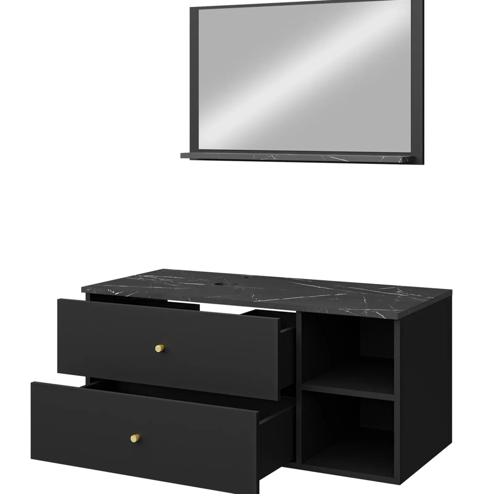 Garnero Arredamenti Mobile Bagno Sospeso-Mobile bagno sospeso 100cm con lavabo e specchio 2 cassetti nero Krom Nero Opaco