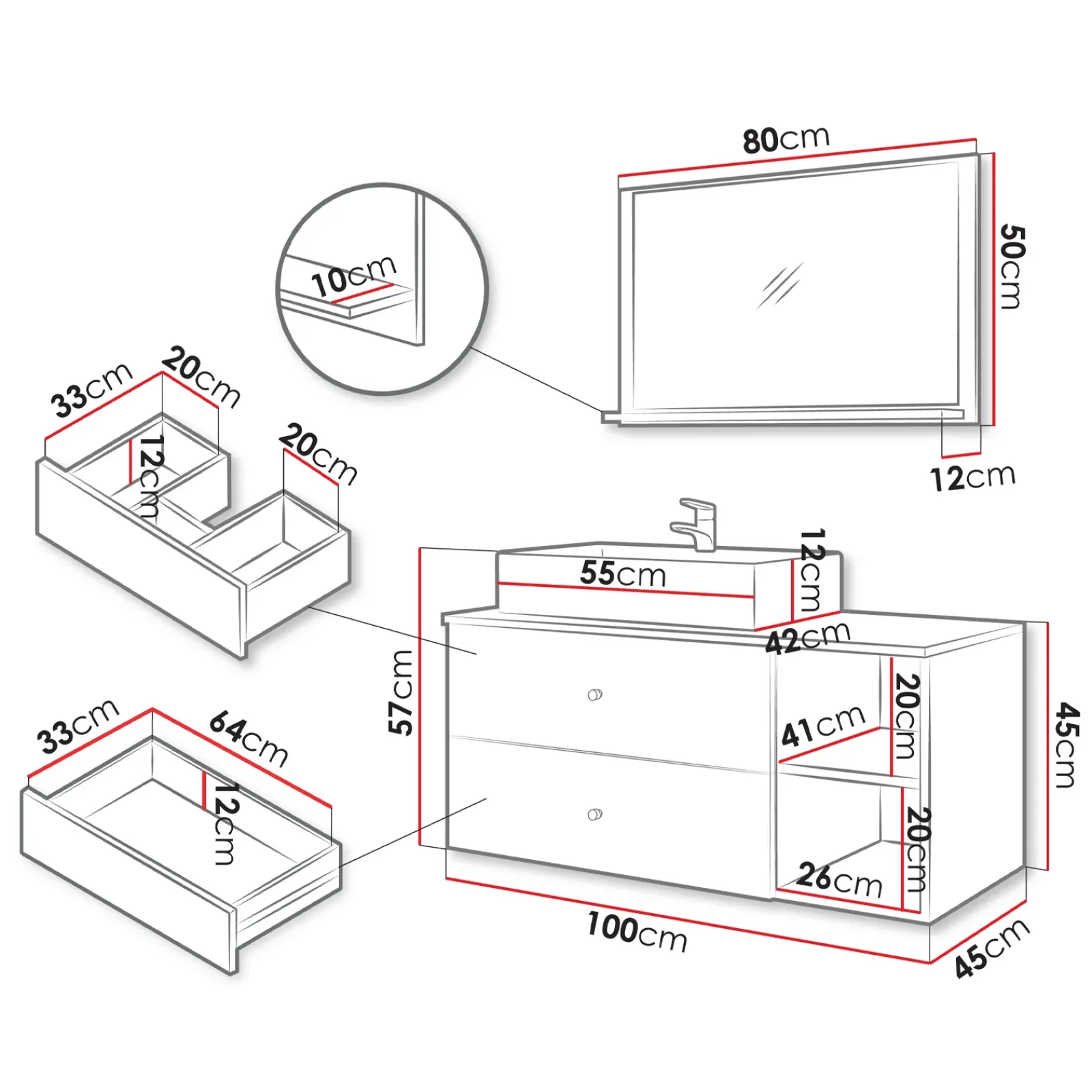 Garnero Arredamenti Mobile Bagno Sospeso-Mobile bagno sospeso 100cm con lavabo e specchio 2 cassetti nero Krom Nero Opaco