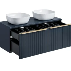 Garnero Arredamenti Mobile Bagno Sospeso-Mobile bagno sospeso 120cm con 2 lavabi, 2 specchi e colonna cannettato blu Deep