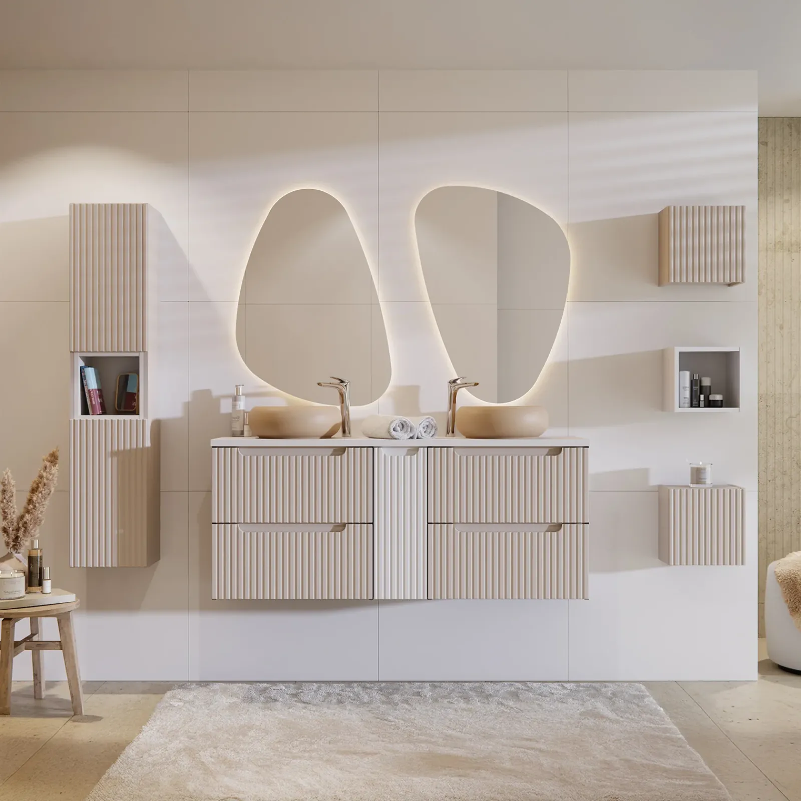 Garnero Arredamenti Mobile Bagno Sospeso-Mobile bagno sospeso 140cm cannettato 4 cassetti beige bianco Cleany Beige - Bianco