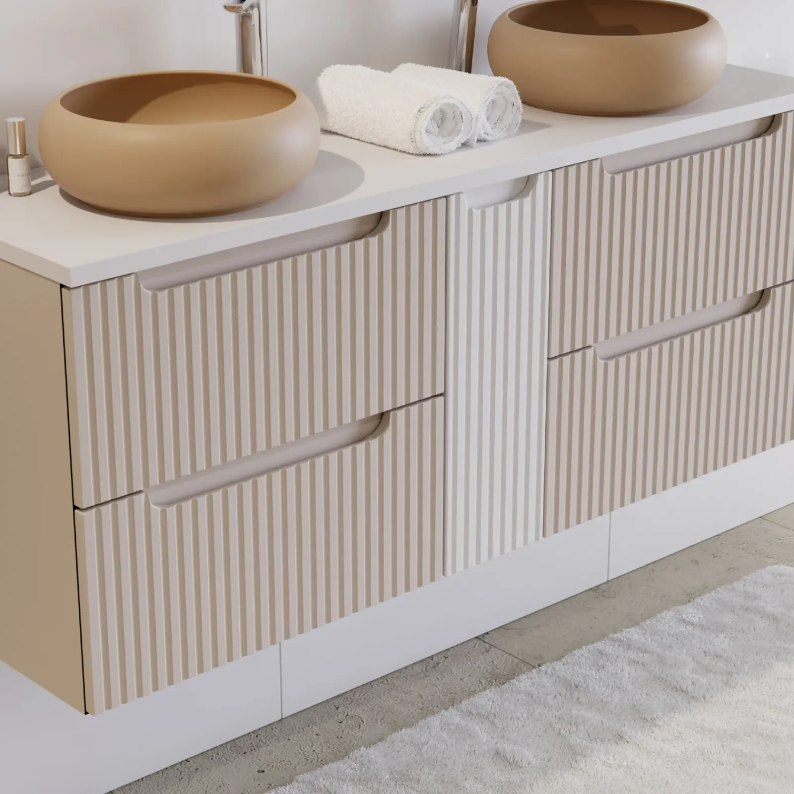 Garnero Arredamenti Mobile Bagno Sospeso-Mobile bagno sospeso 140cm cannettato 4 cassetti beige bianco Cleany Beige - Bianco