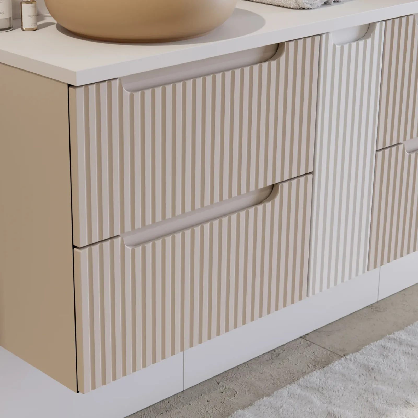 Garnero Arredamenti Mobile Bagno Sospeso-Mobile bagno sospeso 140cm cannettato 4 cassetti beige bianco Cleany Beige - Bianco