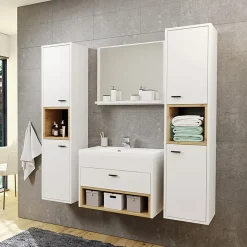 Garnero Arredamenti Mobile Bagno Sospeso-Mobile bagno sospeso 60cm con lavabo, specchio e colonne bianco rovere Florentina Bianco Lucido