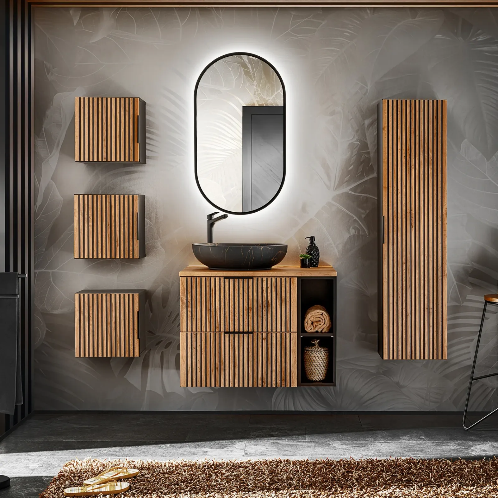 Garnero Arredamenti Mobile Bagno Sospeso-Mobile bagno sospeso 80cm cm 2 cassetti 2 vani quercia antracite Limpid