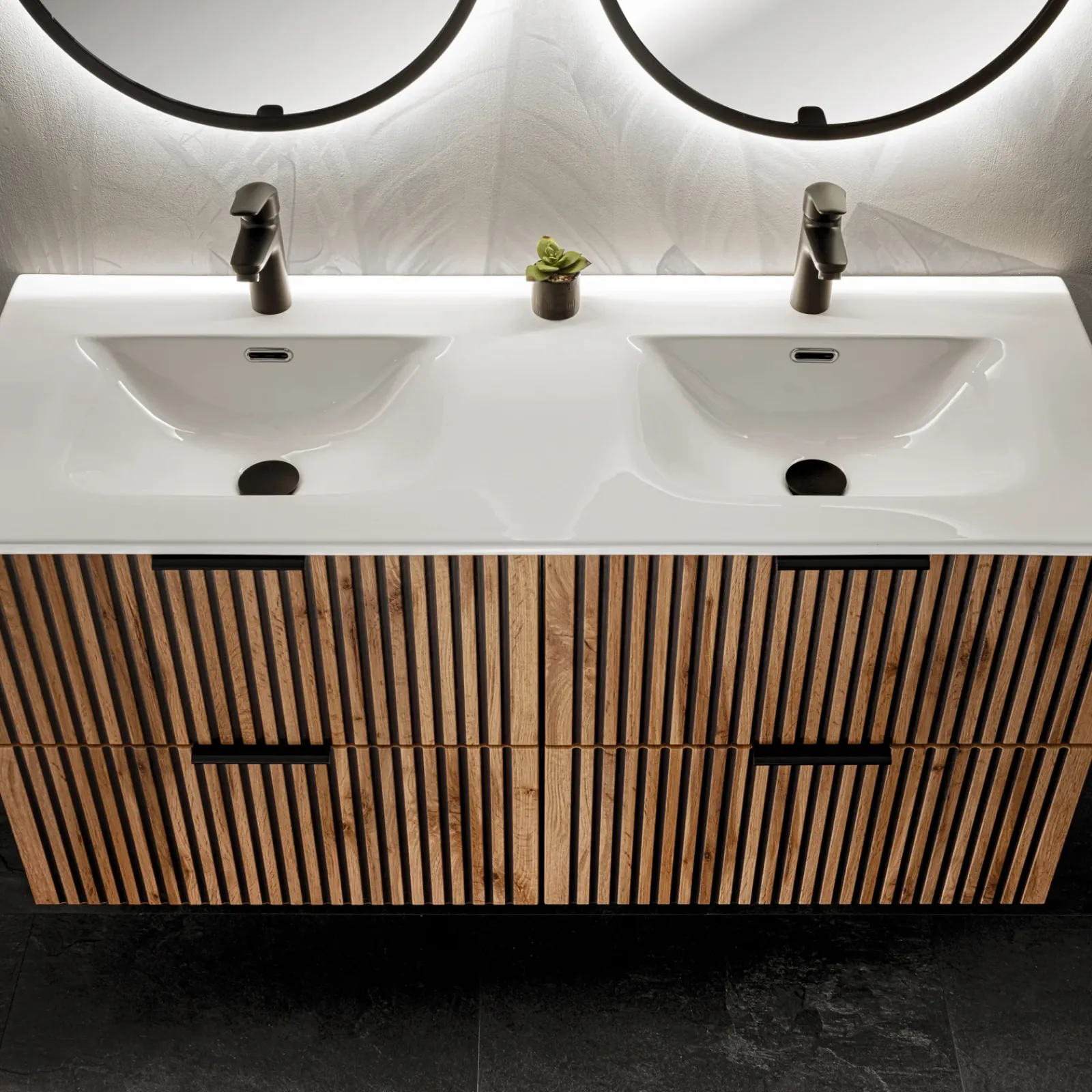 Garnero Arredamenti Mobile Bagno Sospeso-Mobile bagno sospeso 120cm cm con 2 lavabi da incasso, 2 specchi, colonna e cubotti quercia antracite Limpid