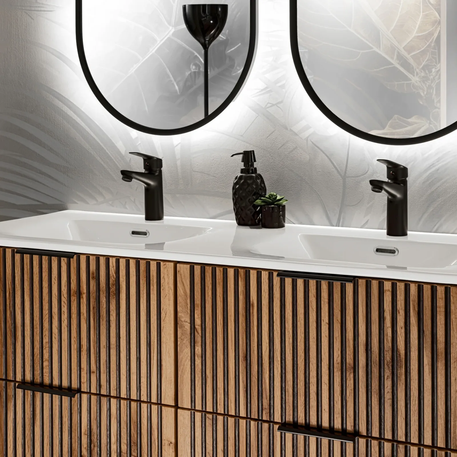 Garnero Arredamenti Mobile Bagno Sospeso-Mobile bagno sospeso 120cm cm con 2 lavabi da incasso, 2 specchi, colonna e cubotti quercia antracite Limpid