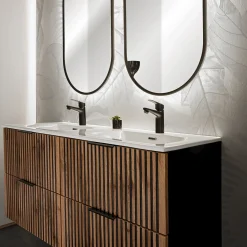 Garnero Arredamenti Mobile Bagno Sospeso-Mobile bagno sospeso 120cm cm con 2 lavabi da incasso, 2 specchi, colonna e cubotti quercia antracite Limpid