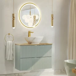 Garnero Arredamenti Mobile Bagno Sospeso-Mobile bagno sospeso 80cm cannettato 2 cassetti verde salvia rovere Greeny