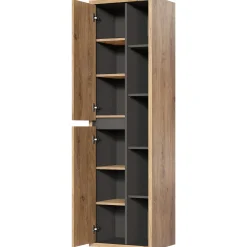 Garnero Arredamenti Mobile Bagno Sospeso-Mobile bagno sospeso 100cm con lavabo, mobile specchio e colonna rovere antracite Veny