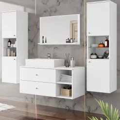 Garnero Arredamenti Mobile Bagno Sospeso-Mobile bagno sospeso 100cm con lavabo, specchio e 2 colonne bianco Krom Bianco Opaco